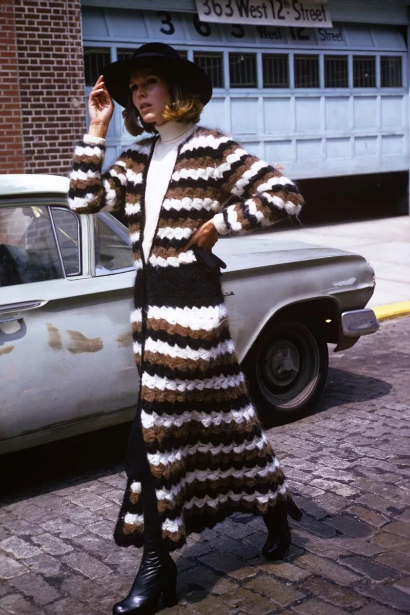 Девушка в длинном вязаном пальто и сапогах - 1974 год