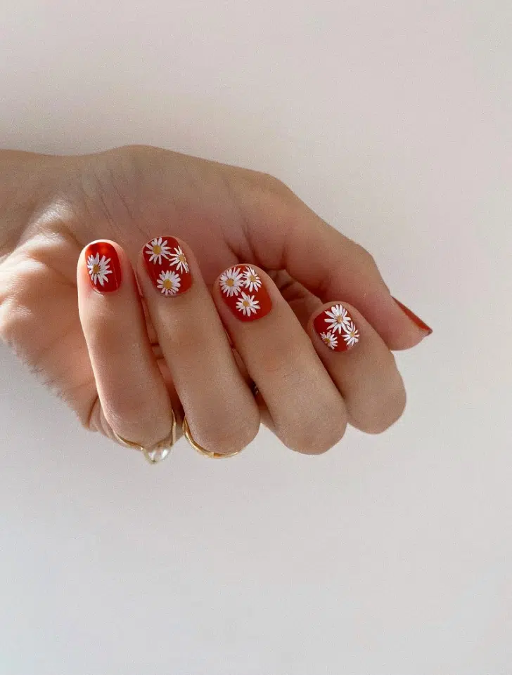 Яркий красный маникюр с белыми ромашками на коротких натуральных ногтях