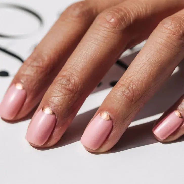 Розовый маникюр с золотым основанием на коротких квадратных ногтях