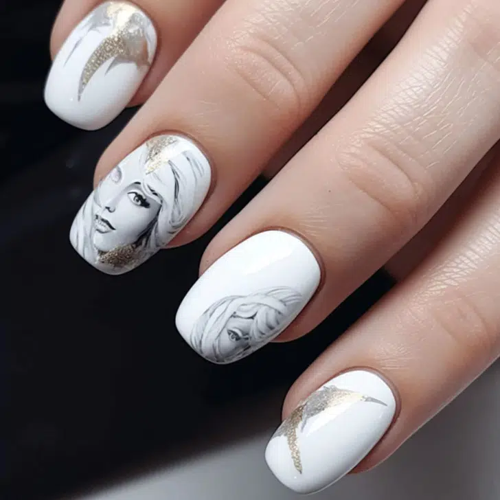 Белый маникюр с художественным принтом на квадратных ногтях средней длины