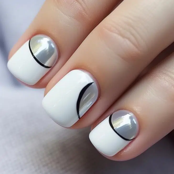 Белый маникюр с серебристыми вставками и черными линиями на коротких ногтях