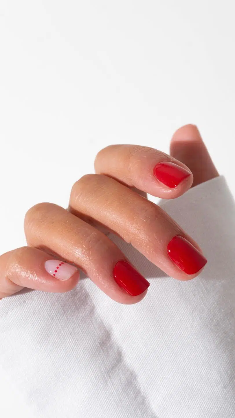 Красный маникюр с акцентным ногтем на коротких ногтях