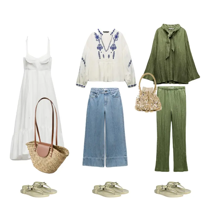 Три летних образа с зелеными сандалиями Zara SNDLS